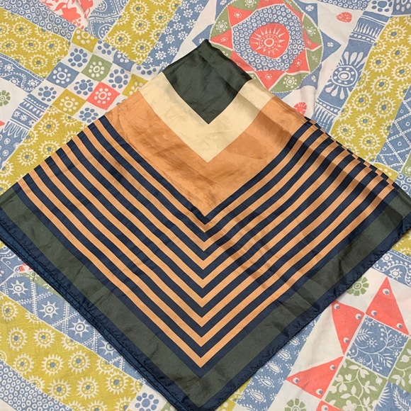 Accessories - 70’s Geometric Neutral Print Scarf in Navy, Goldish-Tan, and Forest Green
